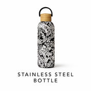 Stainless steel bottle with black and white pattern on a white background