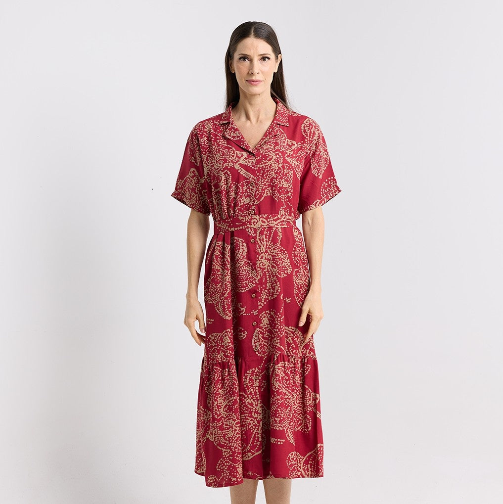 women wearing red orchid button up dress