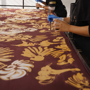 Hands wearing blue gloves holding a brush over a patterned surface

