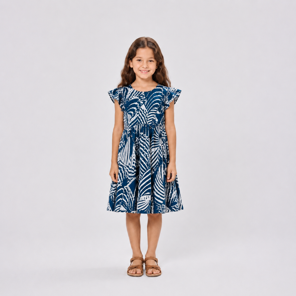 A young girl with long brown hair stands against a light gray studio background wearing a navy blue and white palm leaf print dress with ruffled cap sleeves and tan sandals.