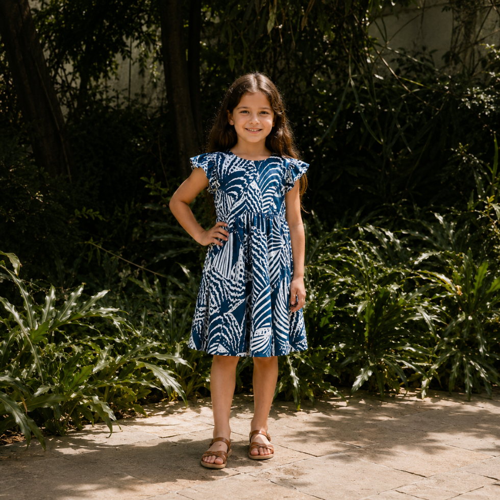 A young girl stands outdoors on a stone path wearing a blue and white leaf-patterned dress with ruffled cap sleeves and brown sandals, surrounded by lush green plants and trees.