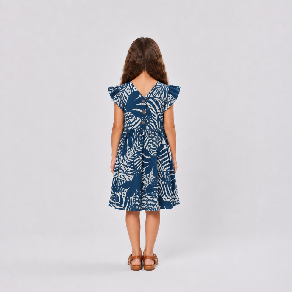 A young girl viewed from behind wearing a navy blue and white tropical leaf print dress with ruffled cap sleeves, paired with brown sandals, against a light gray studio background.