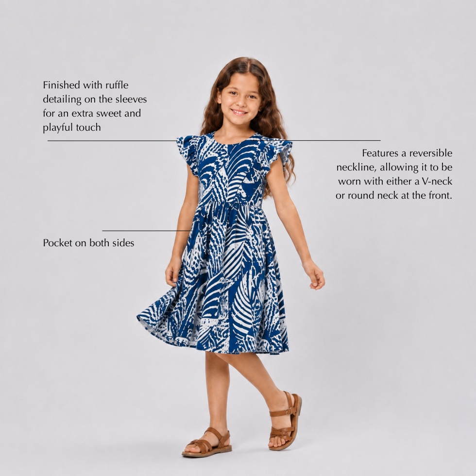 Girl wearing blue printed batik dress with labelled features