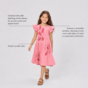 Girl wearing pink printed batik dress with labelled features

