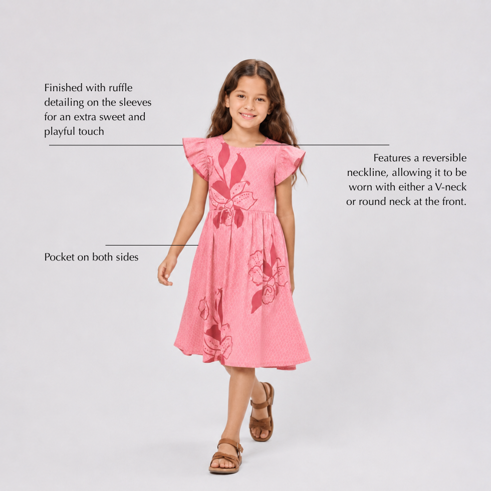 Girl wearing pink printed batik dress with labelled features
