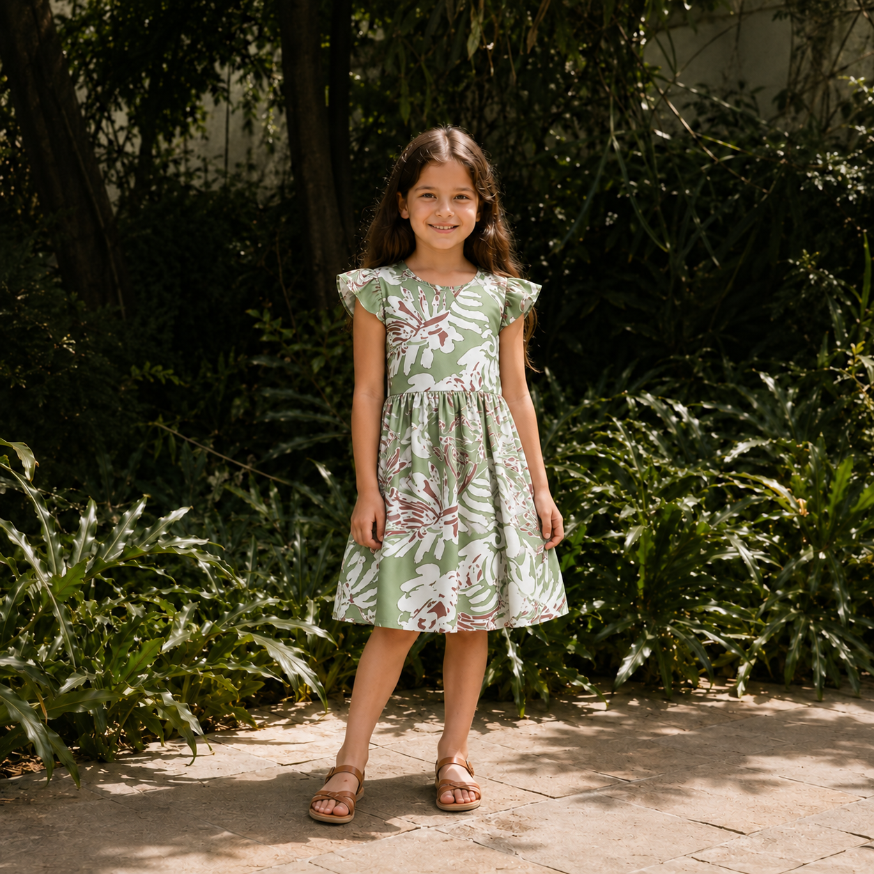 Girl wearing green dress outside by greenery