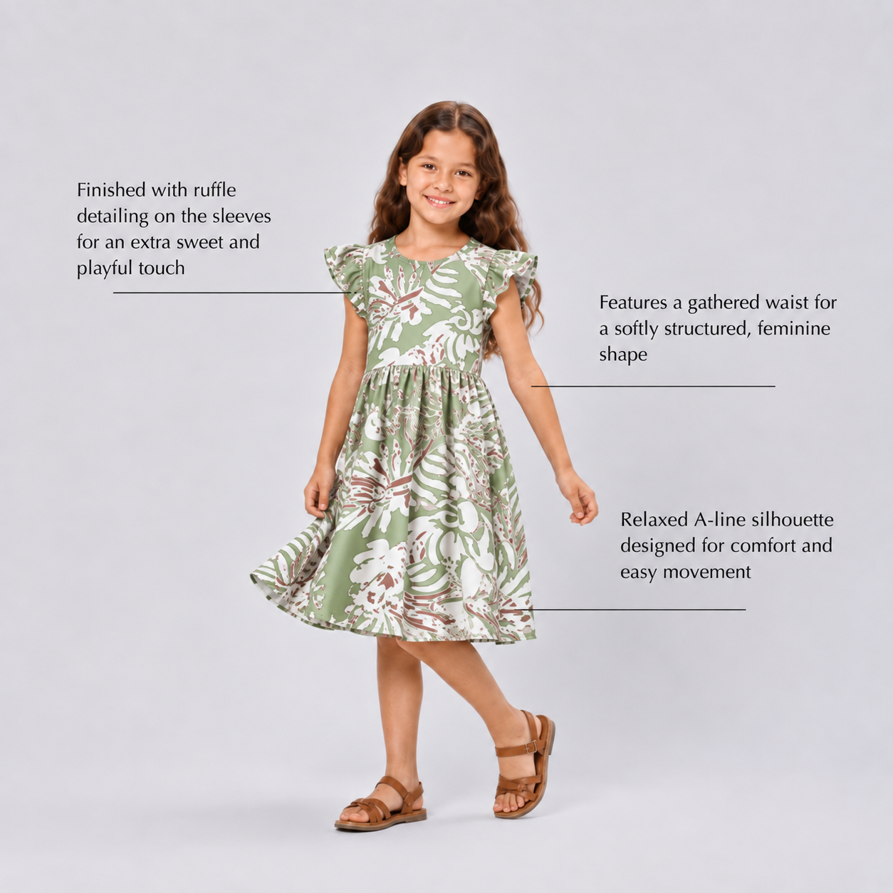 Girl wearing green dress with labelled features