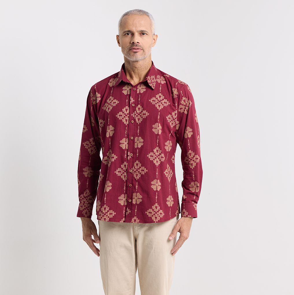 Men's Long-Sleeved Batik Shirt - Ruby Songket