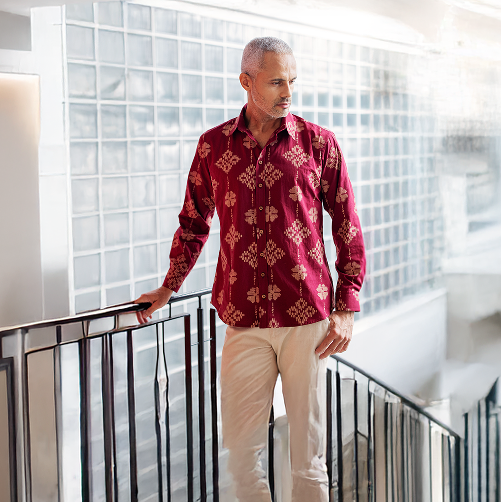 Men's Long-Sleeved Batik Shirt - Ruby Songket