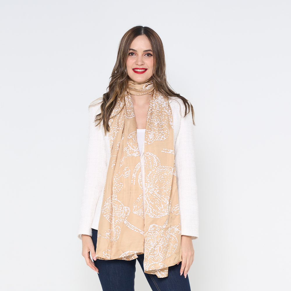 batik silk scarf in the pattern tan orchid against a white background