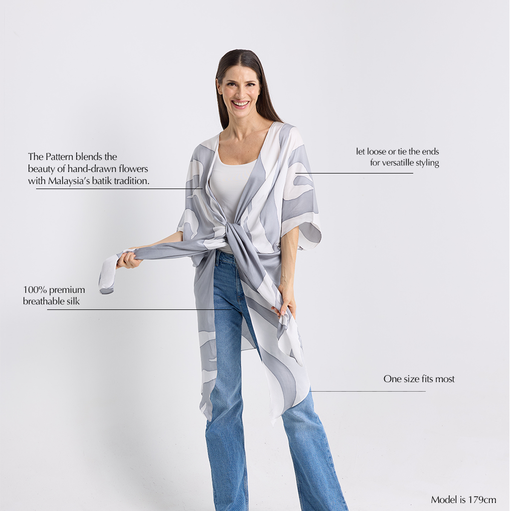 Woman wearing a patterned scarf with text describing its features on a white background. SilverRose_Kimono-description