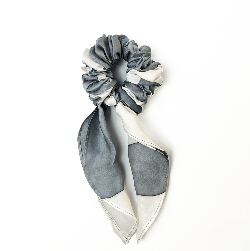 Silver Rose batik scrunchie with ribbon tail on white background.