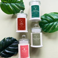 a stack of multi scented candles in front a wall framed by tropical leaves 