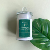 a lemongrass, coconut and vanilla scented candle in front of a wall accompanied by a tropical leaf 