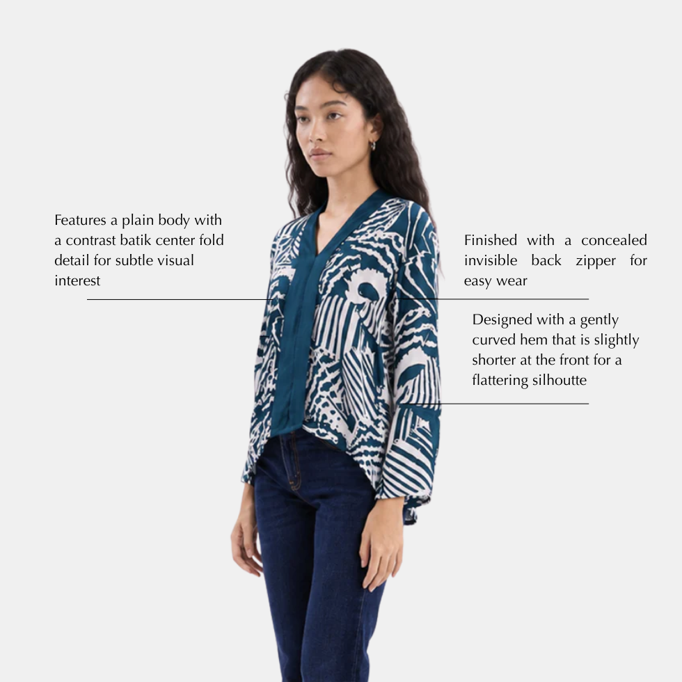 Woman wearing blue printed batik kebaya top, showing labelled features by her sides