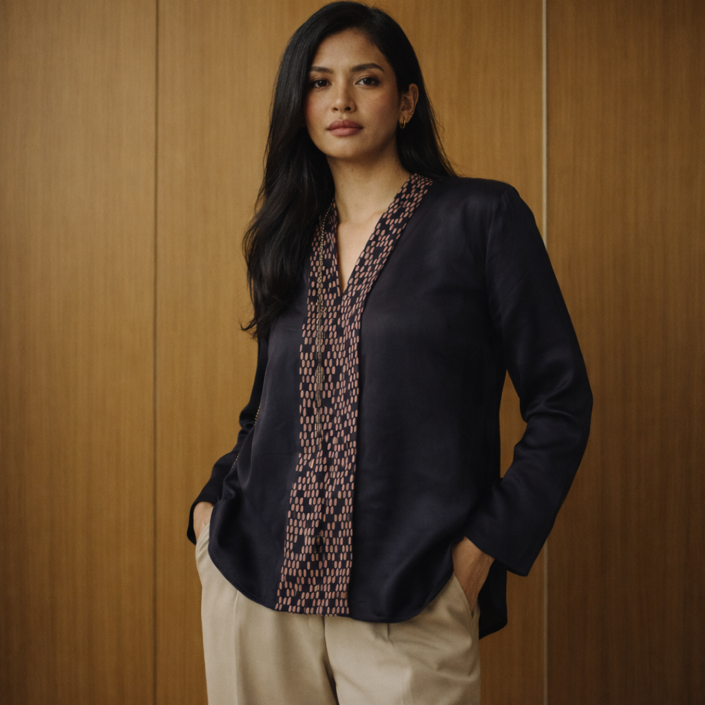 Woman wearing a black blazer over a patterned shirt against a wooden background