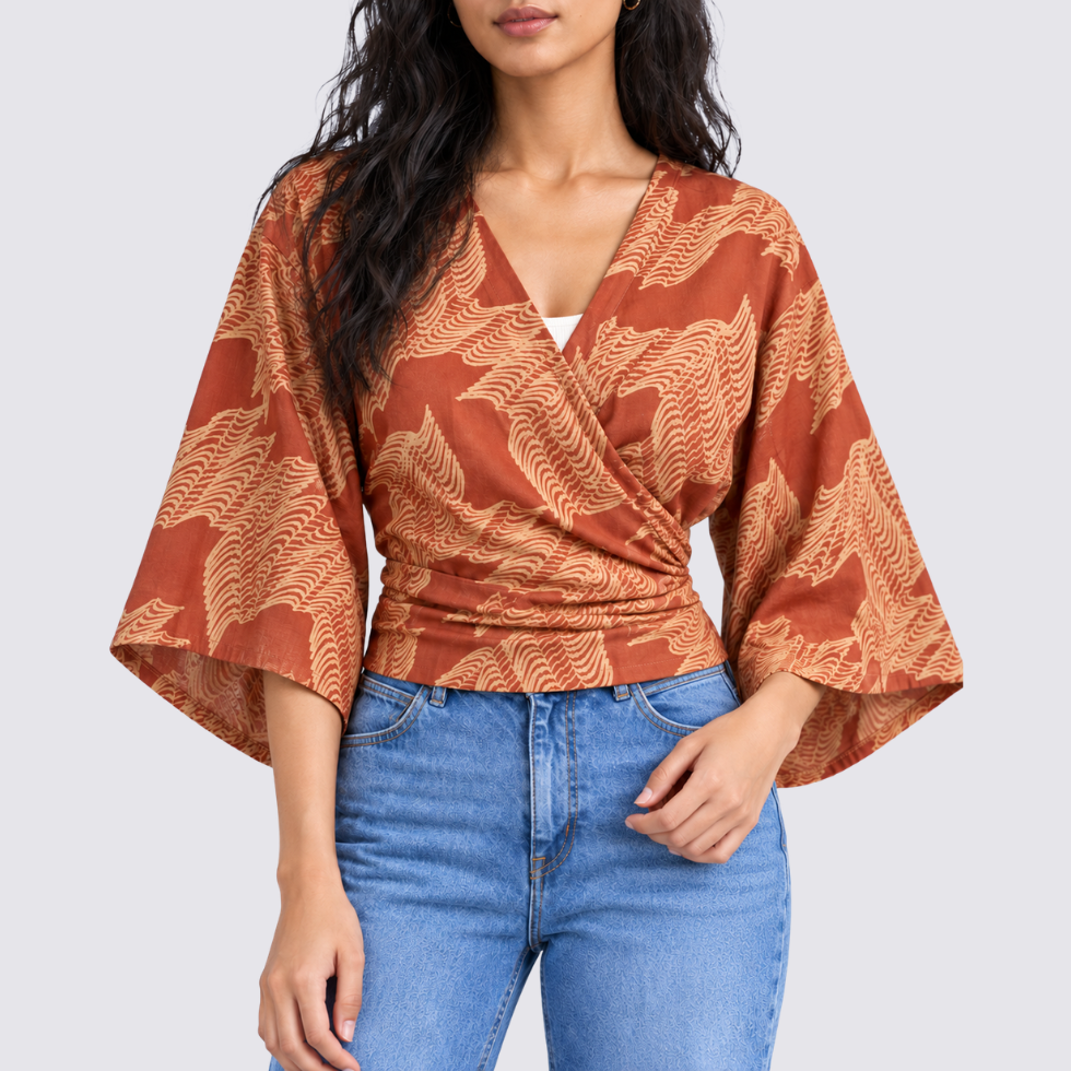 Closeup of woman wearing orange printed batik tie front kimono