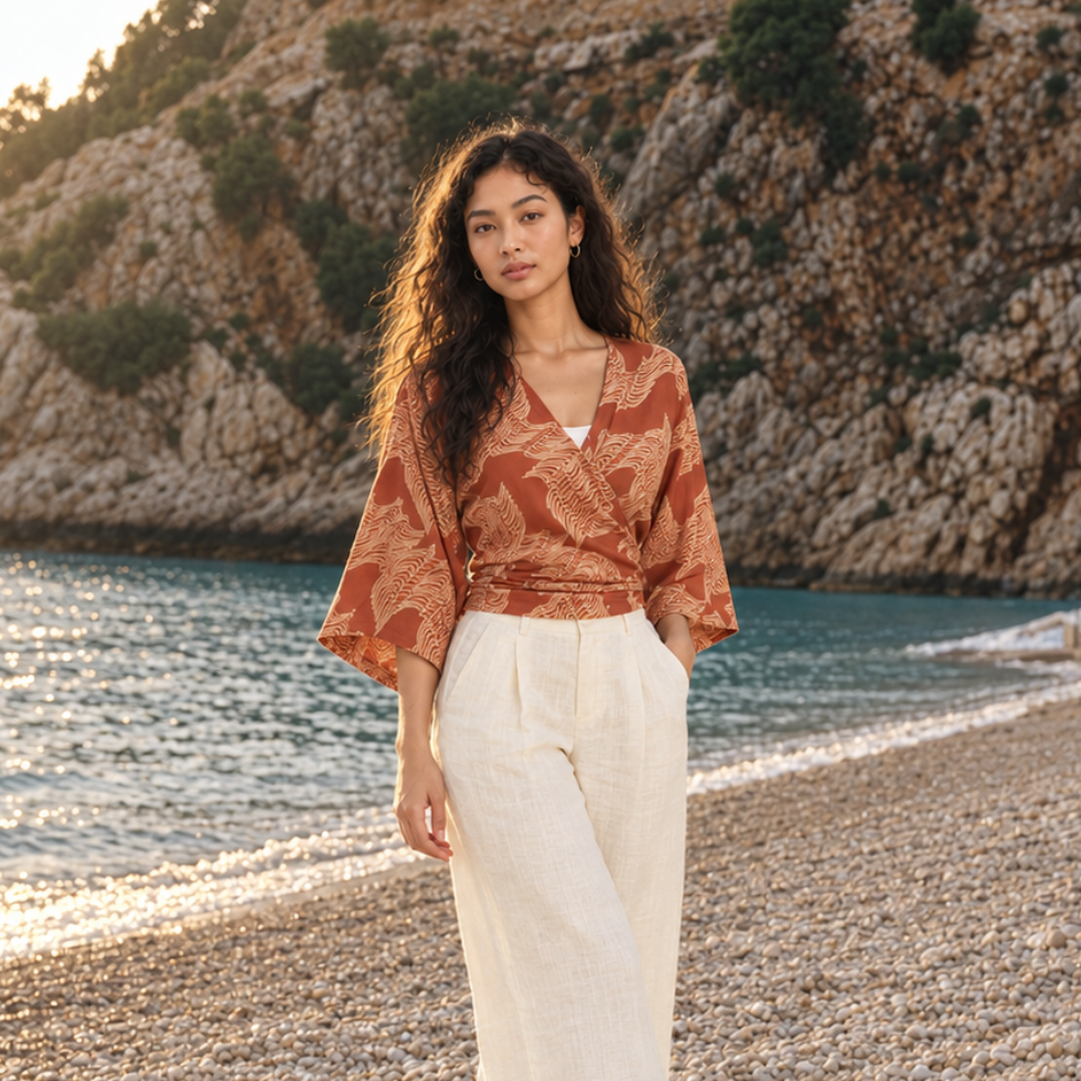 Woman wearing tie front kimono with orange print outside