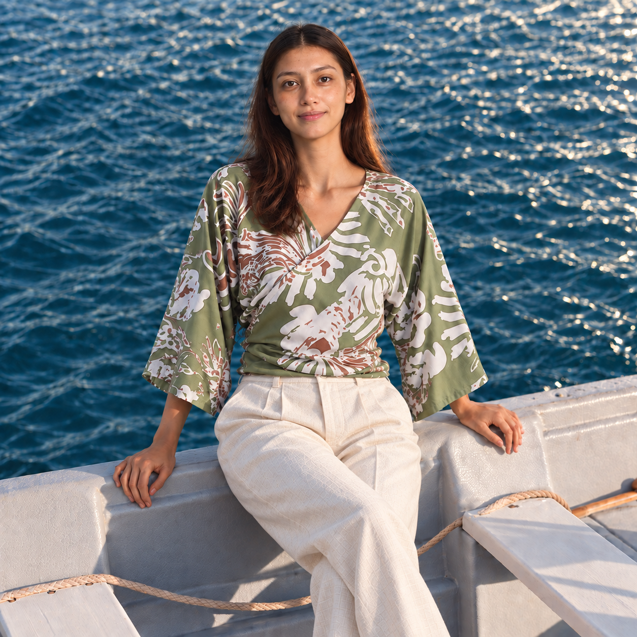 Woman sitting by ledge wearing green tie-front kimono