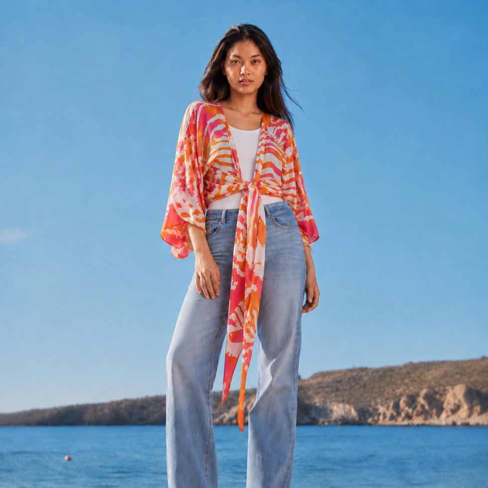 Woman wearing a colorful kimono-style garment by the ocean