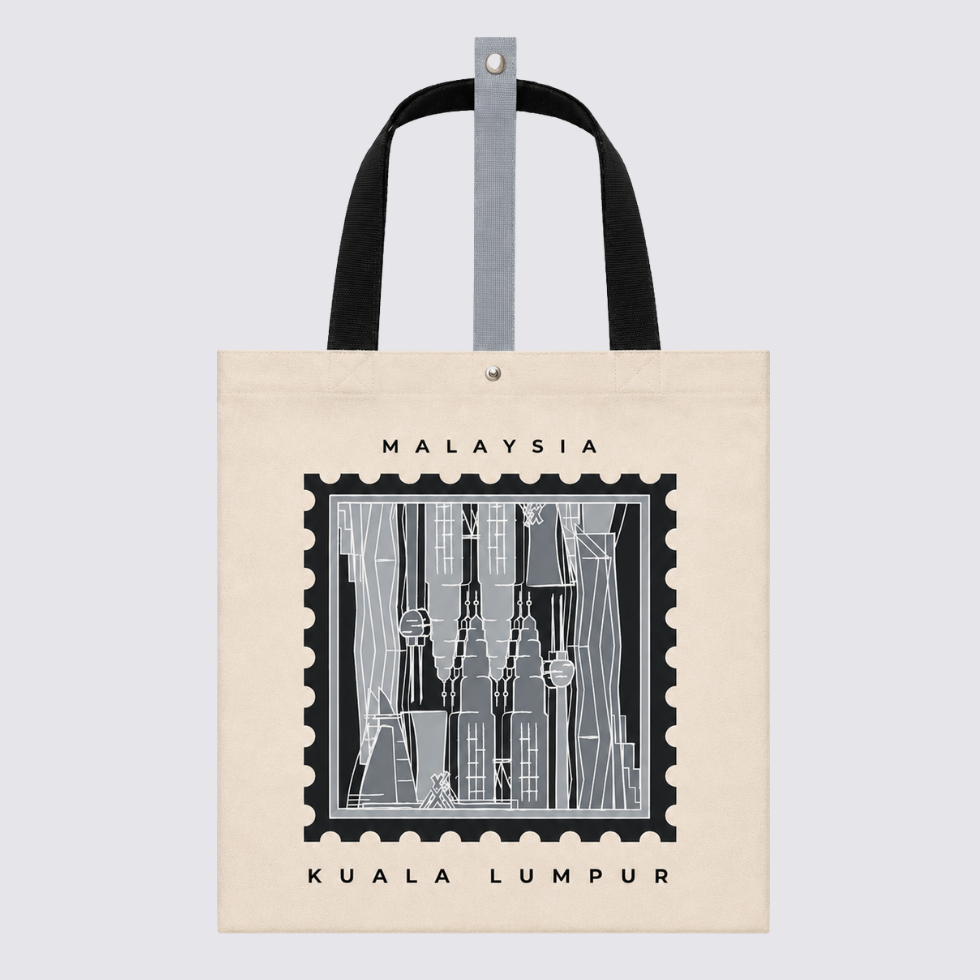 Front of totebag with gray-ish KL inspired prints