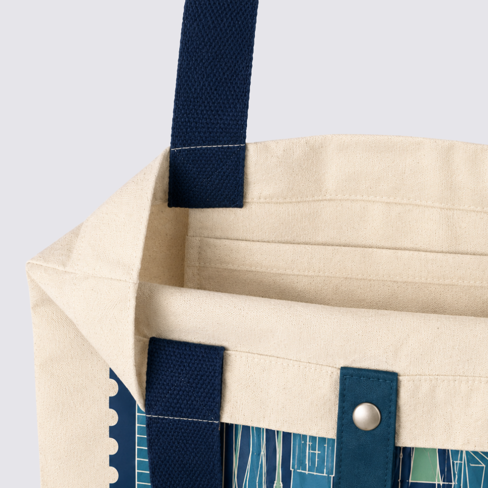Closeup of totebag with blue-ish KL inspired prints
