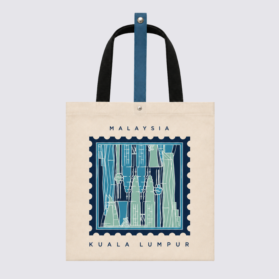 Front of totebag with blue-ish KL inspired prints