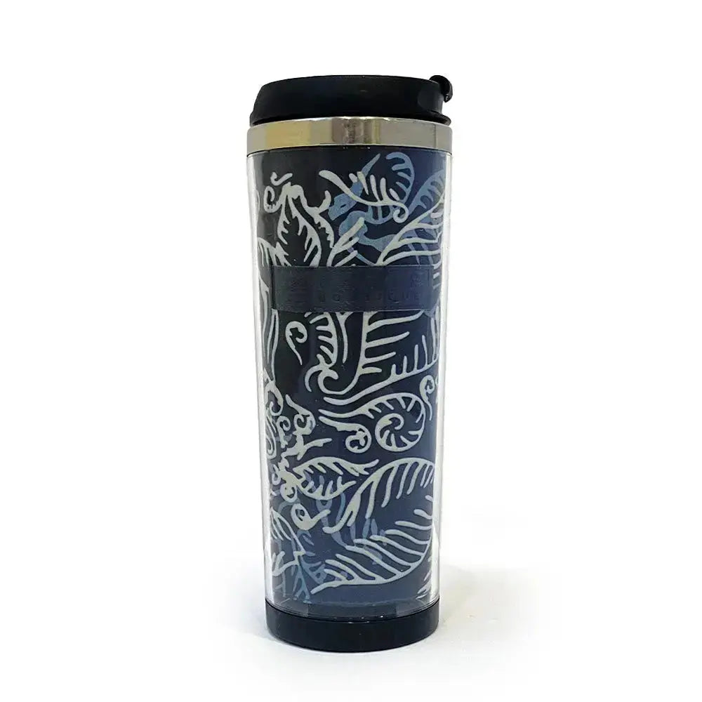 A minimalist and stylish white box photo featuring a batik tumbler adorned in the Blue Nautical Fern pattern, presented against a clean white background.