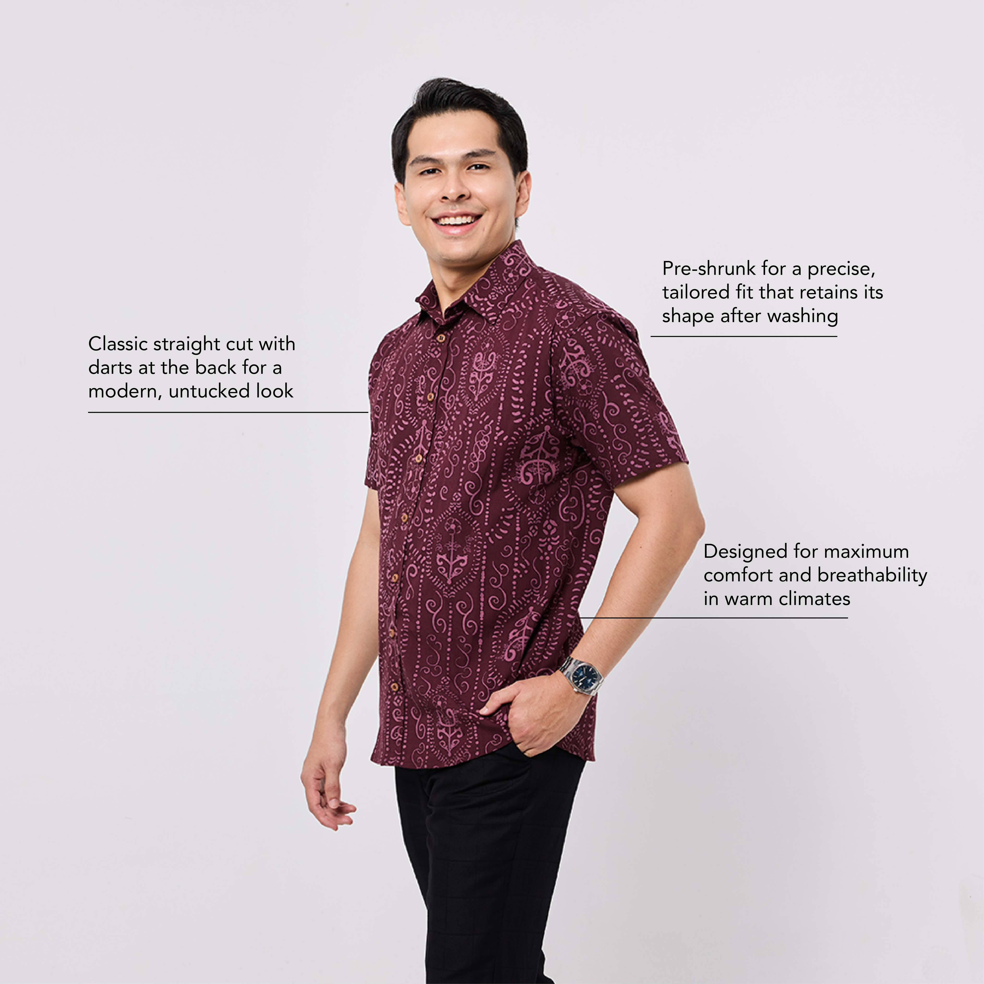 (SALE) Men's Classic Batik Shirt - Garnet Petola