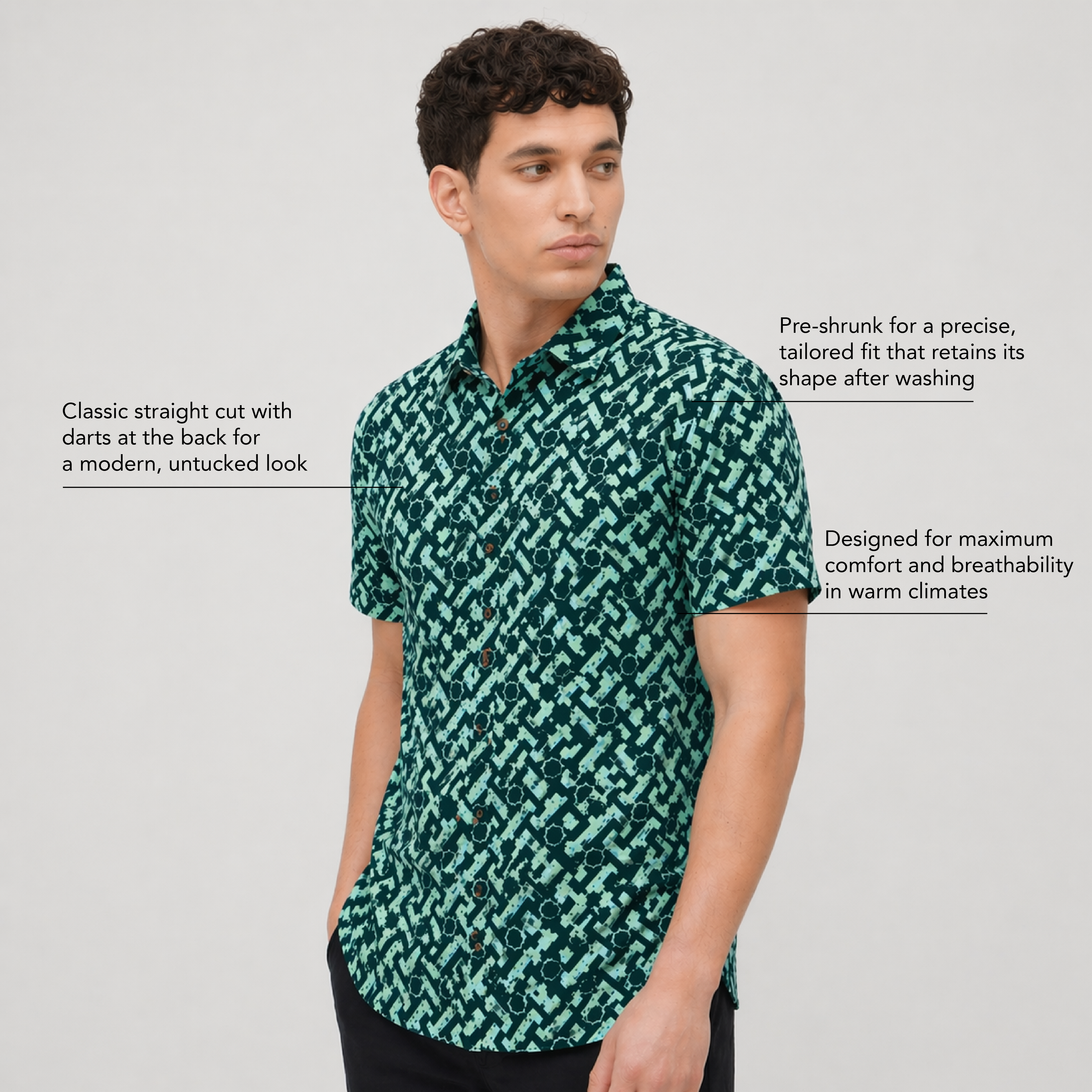 Men's Batik Shirt - Emerald Arabesque