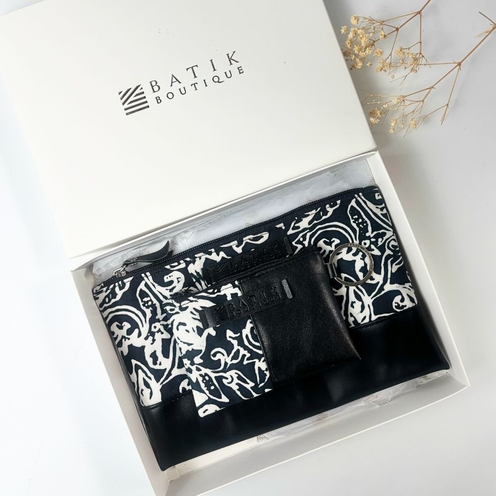 Black and white patterned organizer set in a 'Batik Boutique' box on a light background.