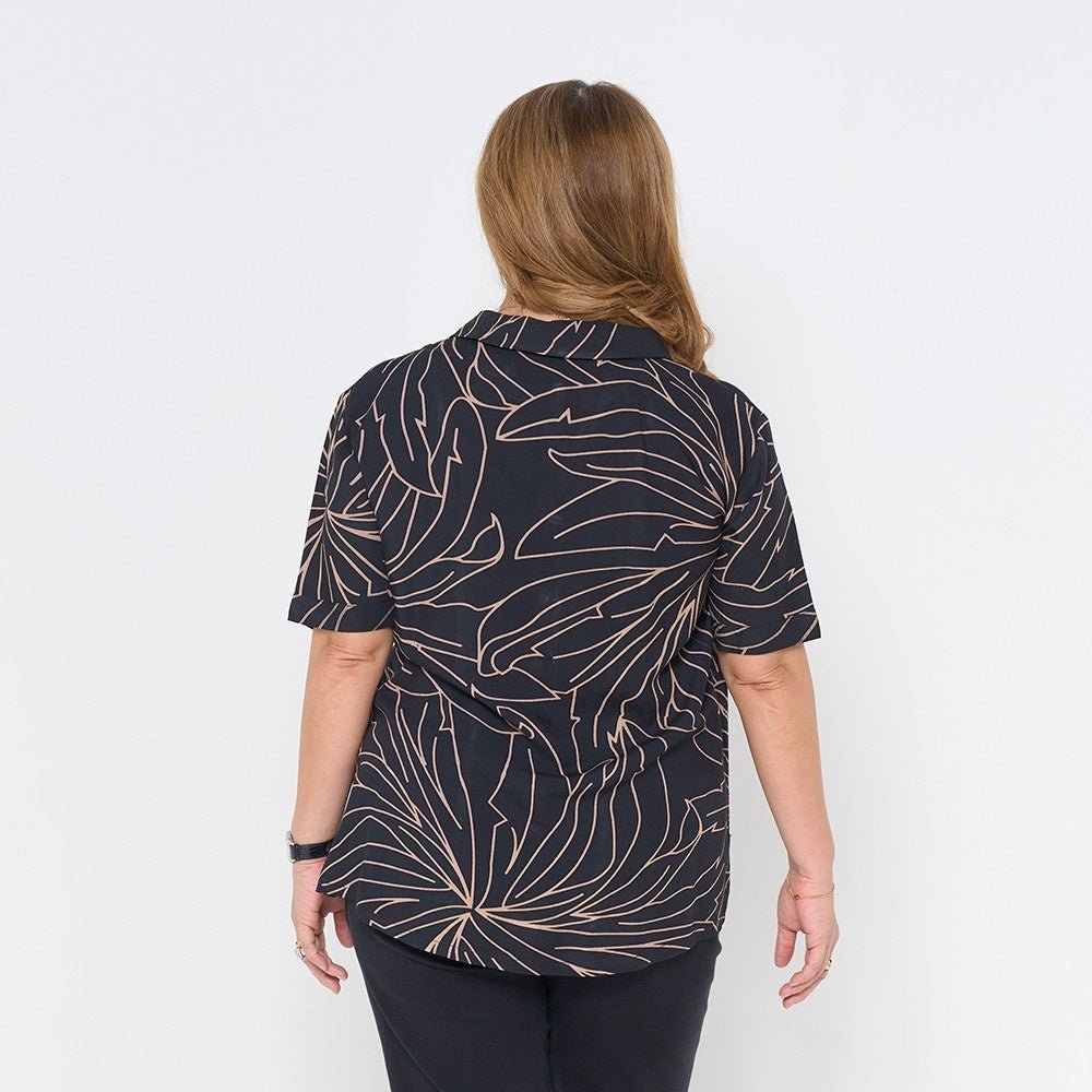 women wearing short sleeved women's cuban in onyx palma  back facing photo 