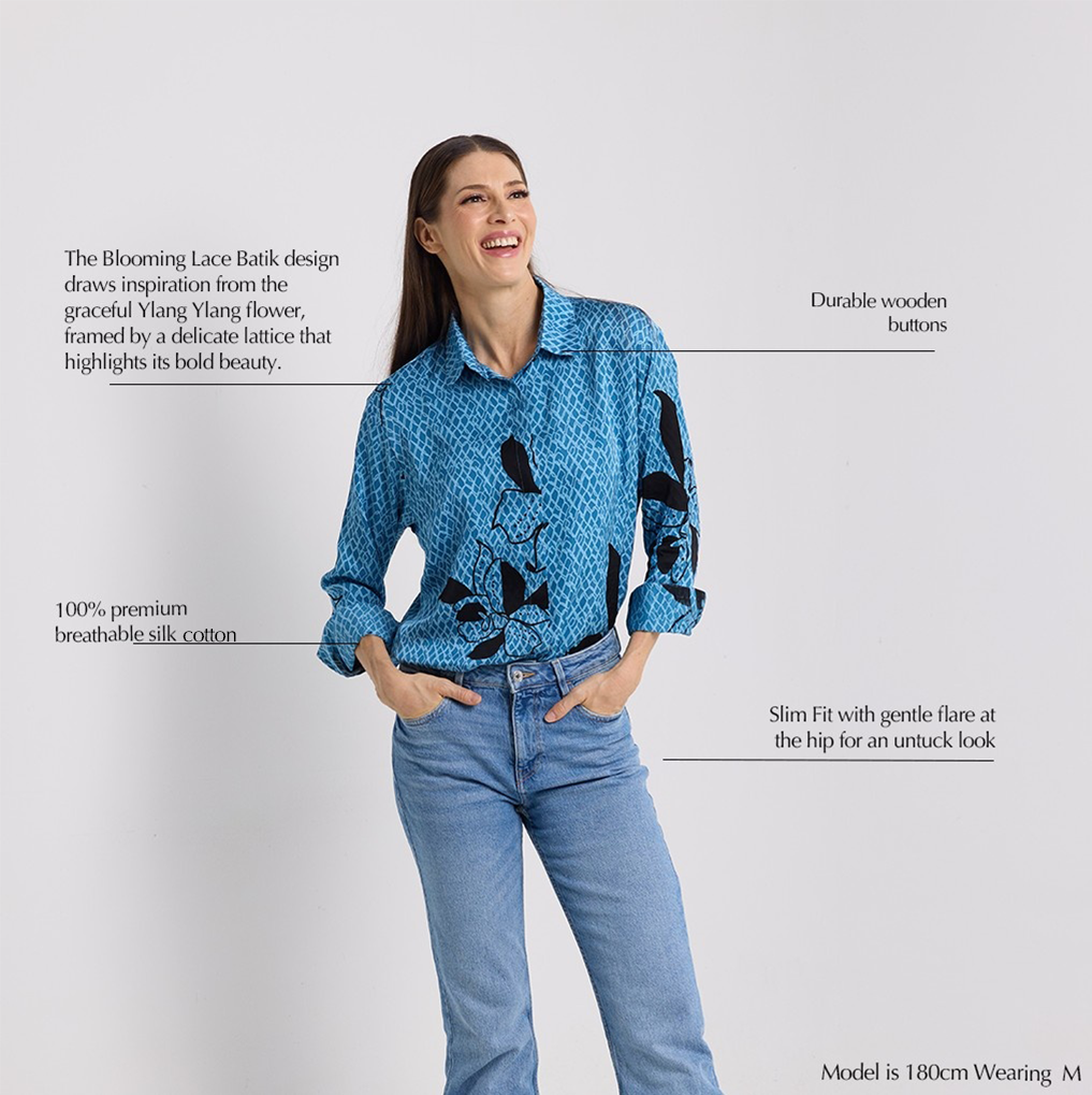 Description photo of the azure blooming lace women's shirt