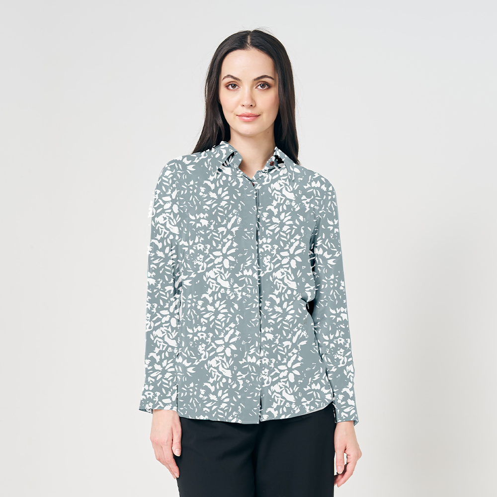 Women's Long-Sleeved Batik Shirt (Silk Cotton) - Sage Melati - Batik Boutique