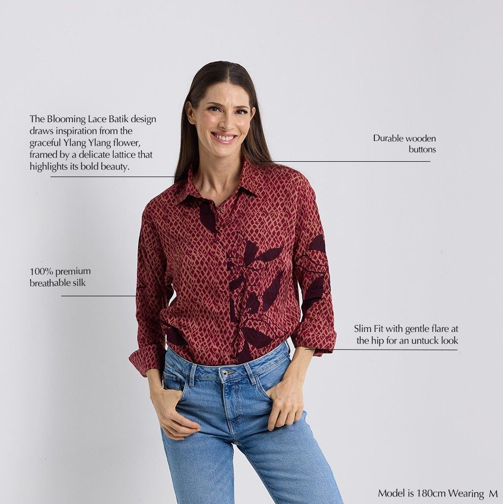 Women's Long-Sleeved Batik Shirt (Silk Cotton) - Copper Blooming Lace