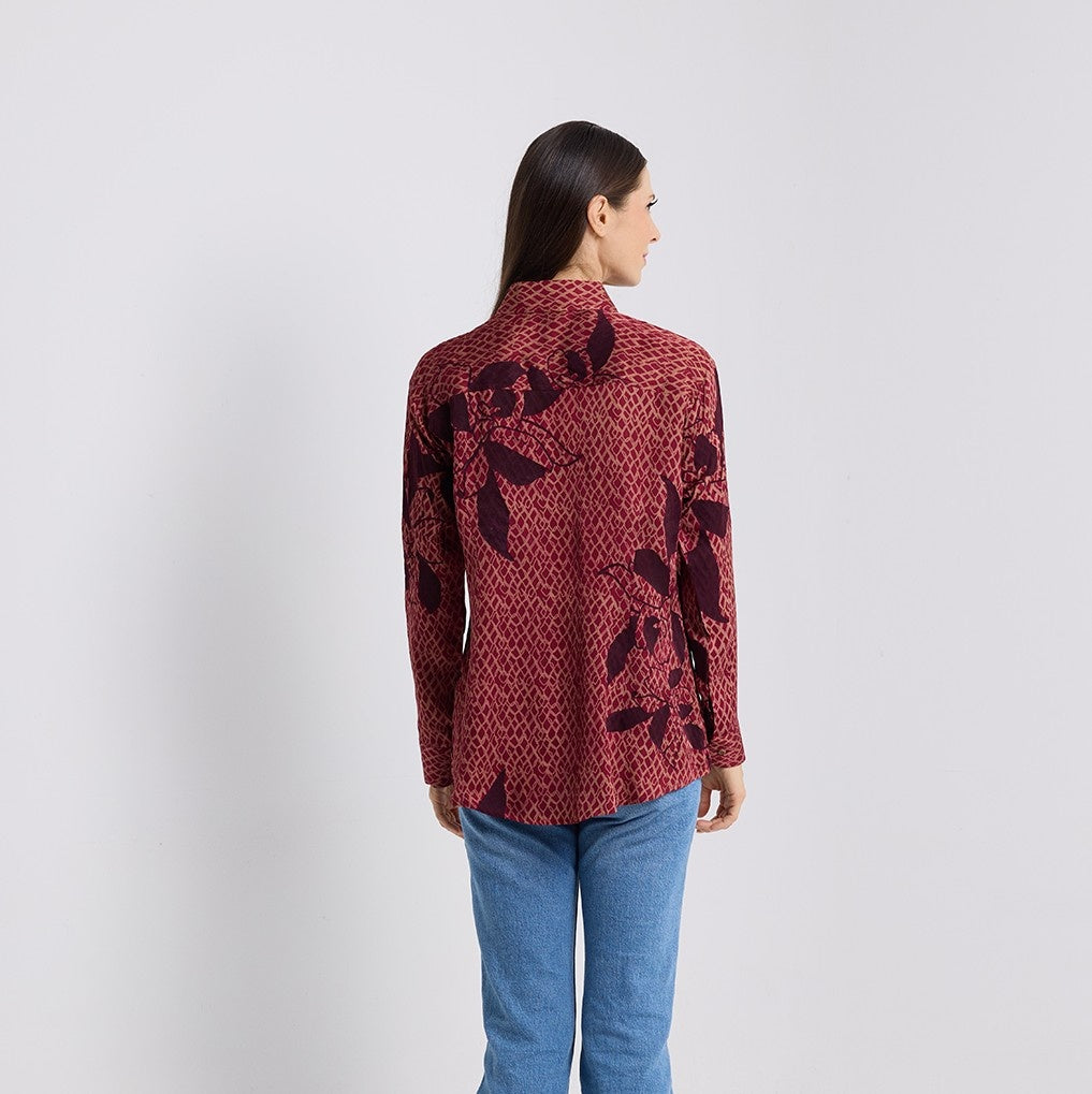 Women's Long-Sleeved Batik Shirt (Silk Cotton) - Copper Blooming Lace