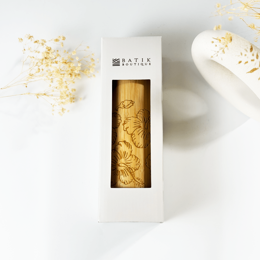 Bamboo product in a Batik Boutique box on a white background with decorative elements.