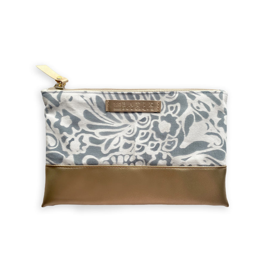 a white box photo of batik zip pouch in grey peony pattern on front side