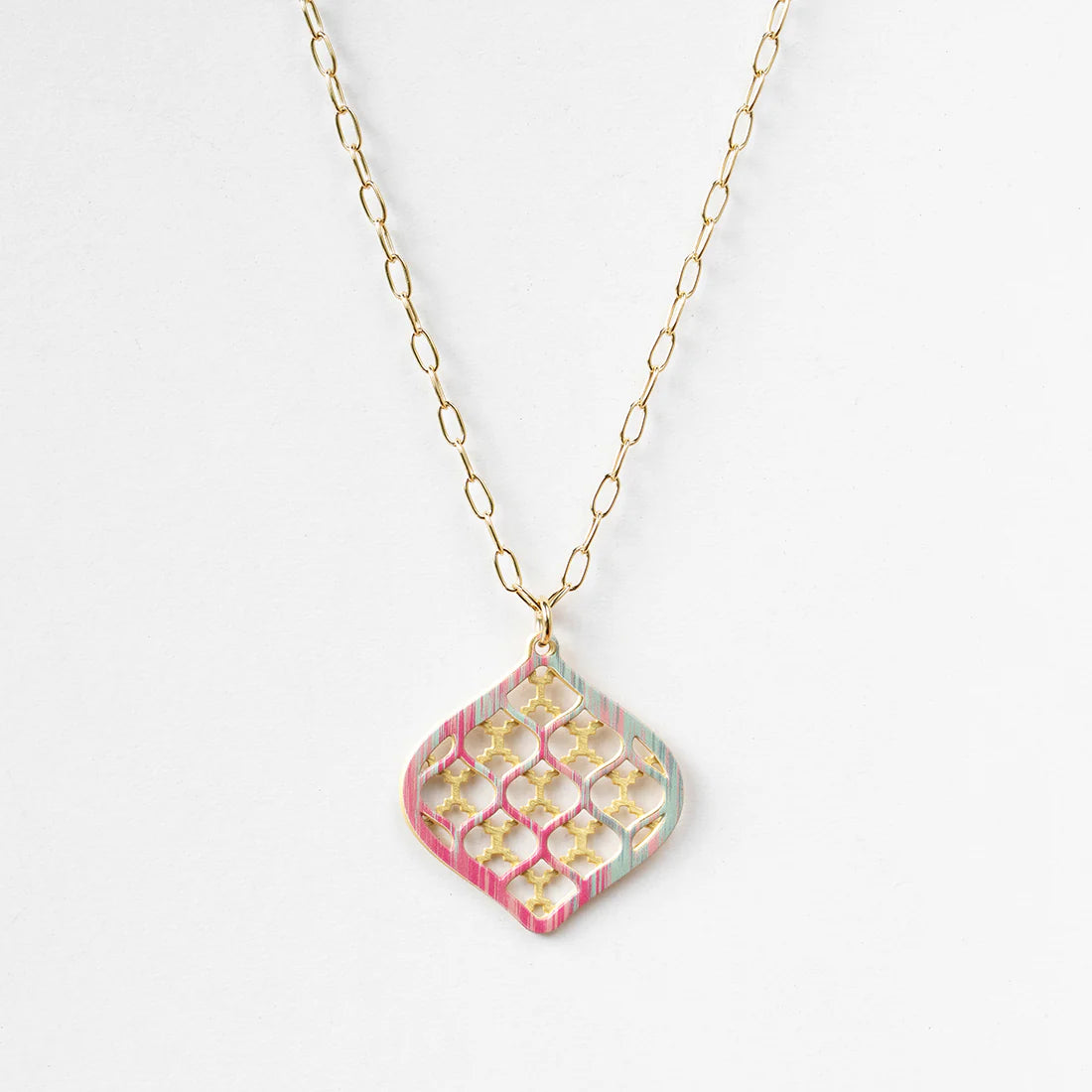 Necklace with a geometric pendant on a white background