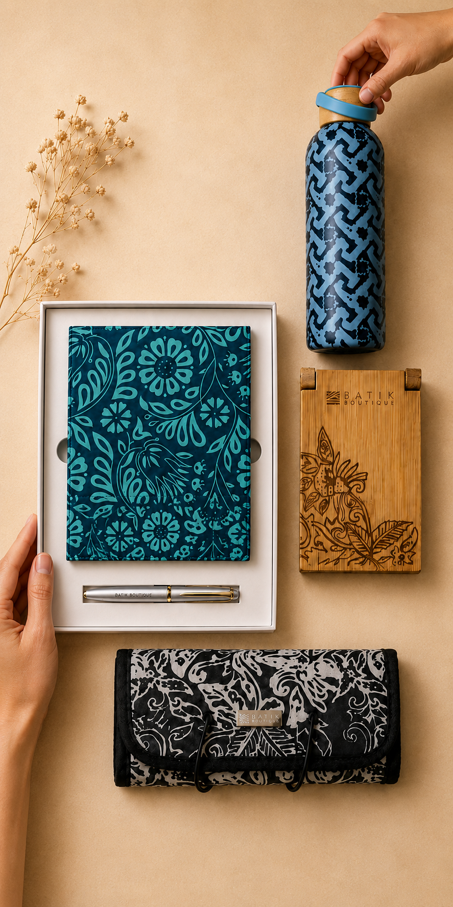 Collection of patterned products including a water bottle, wallet, and stationery set on a beige background.