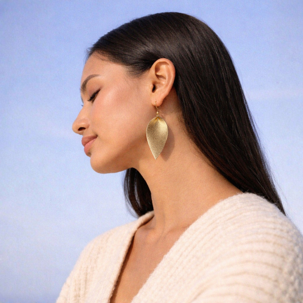 Metallic Leather Leaf Earrings (Gold) - Black Driftwood