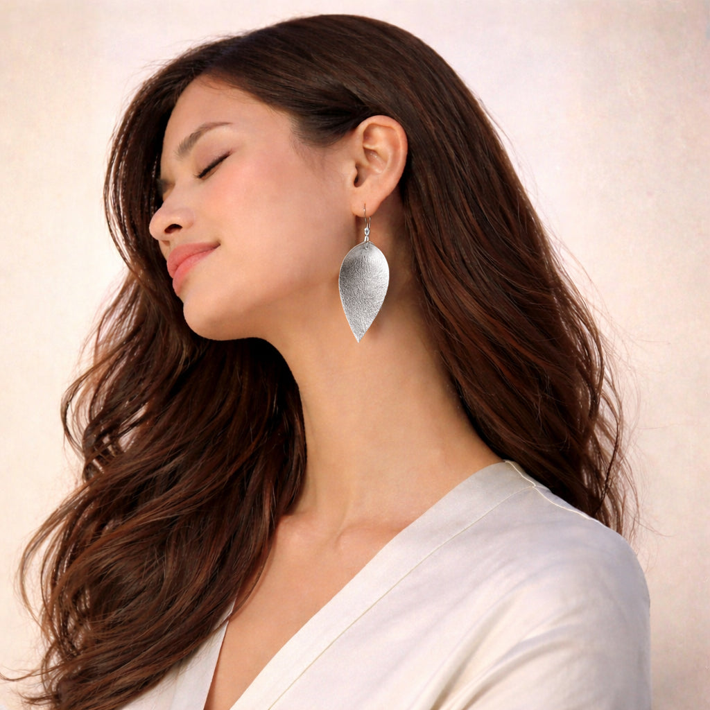 Metallic Leather Leaf Earrings (Silver) - Teal Ukir