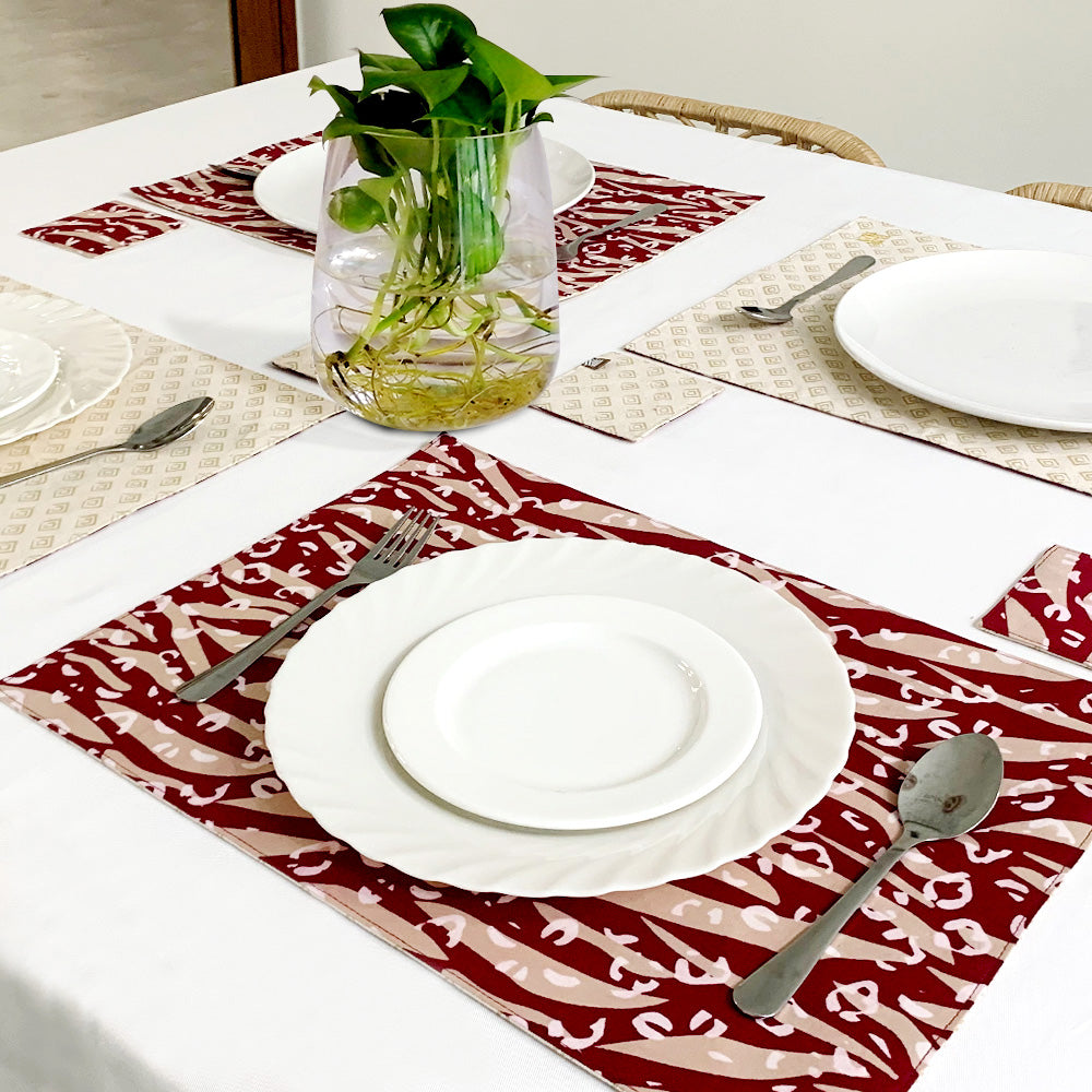 a lifestyle photo of crimson tiger of placemats and coasters