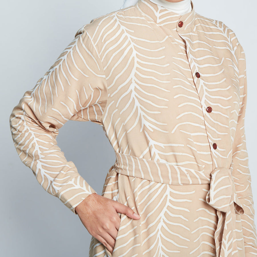 Close up of batik long shirt dress in Latte Fern, handprinted in Malaysia.
