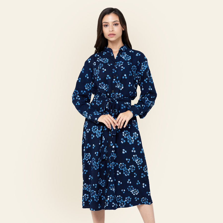 Batik Long Shirt Dress - Navy Blossom