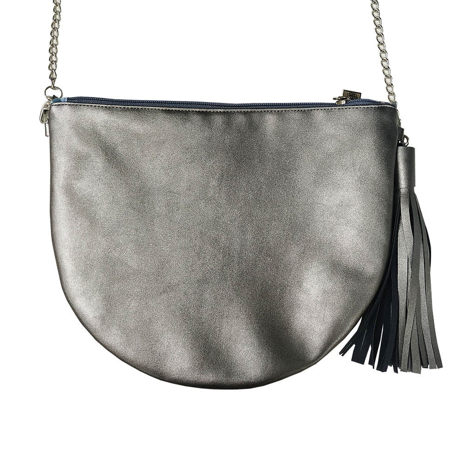 whitebox of backside of handbag clutch half-moon in silver sawit batik print