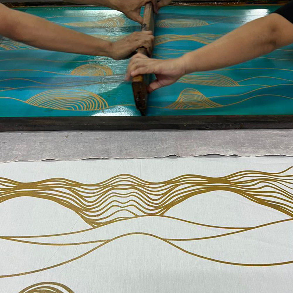 Intricate batik process hand-waxed by two people inspired by Malaysia's hills.