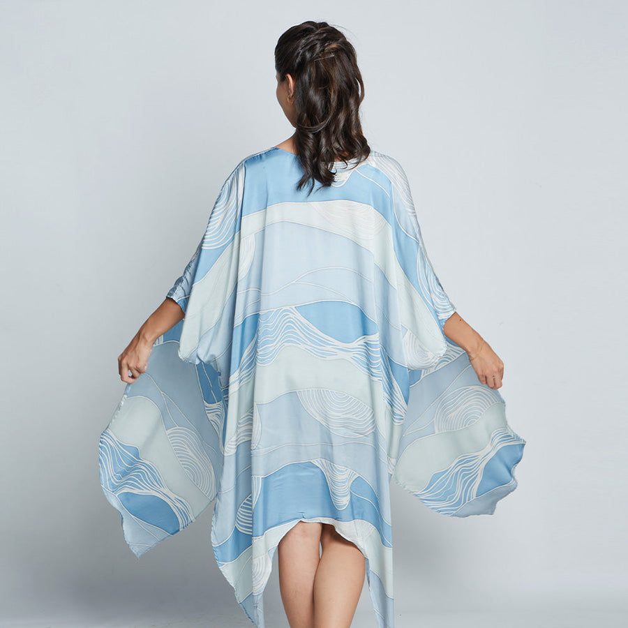 Back view of blue batik kimono in Sky Bukit print from Batik Boutique inspired by Malaysia's hills.