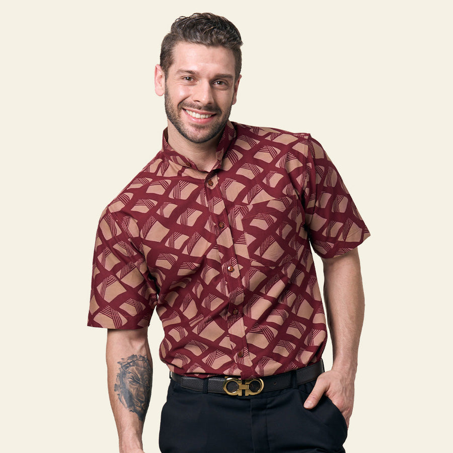 Batik Shirt (Mandarin) Crimson Nasi Lemak