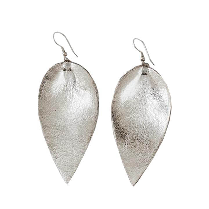 Metallic Leather Earrings - Silver Leaf